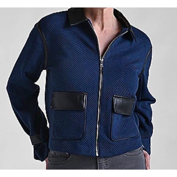 Kate & Mallory Jackets & Blazers - NEW Kate & Mallory Zip Jacket Vegan Leather Accents Blue Black XL Office Casual